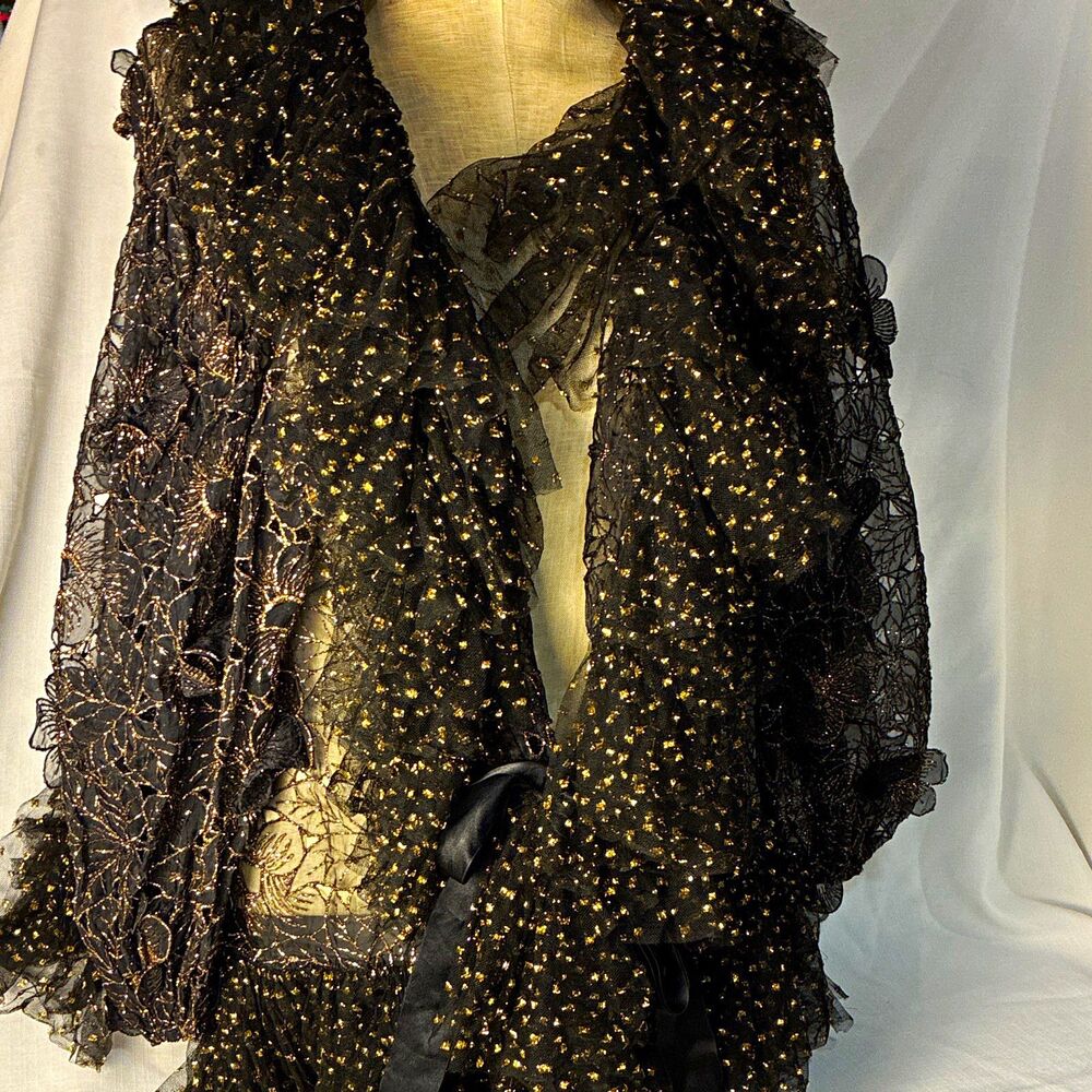 Women’s Black & Gold Sheer Lace Mesh Floral lacy Wrap with Bow Accent L/xl